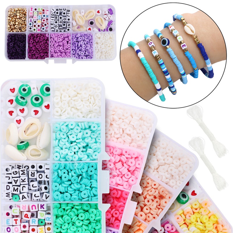 4mm Clay Slice Beads 1160Pcs /Set Mix Color Manik-Manik Huruf Akrilik Plastik Dengan Elascti Cord Untuk Gelang Mking Perhiasan Anak DIY