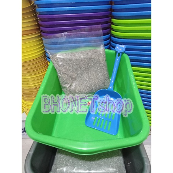 Paket Hemat Litterbox Sekop &amp; 1kg Pasir zeolit Warna Random Murah 1set