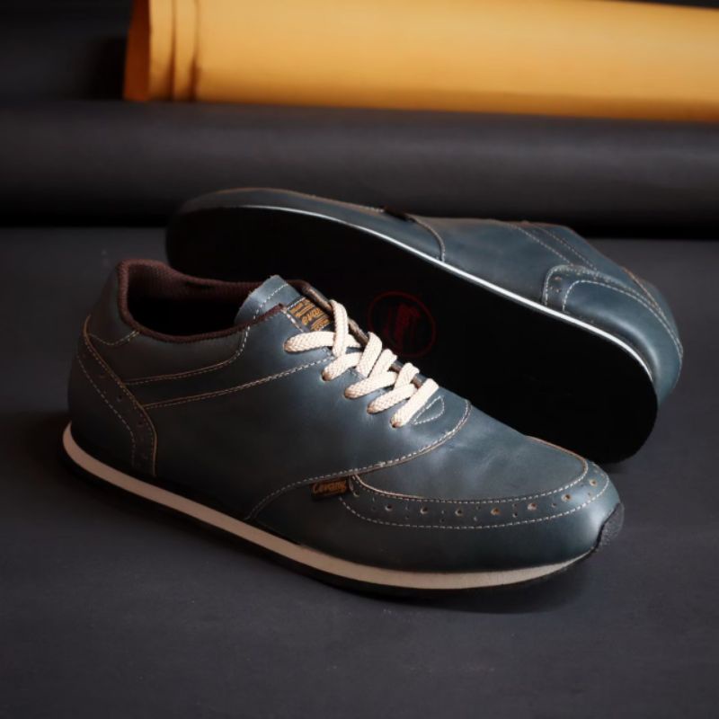 EZRA NAVY -Sepatu Casual Kasual Sneakers Pria Kulit Asli/Cowok/Men Lokal Ori Original Footwear