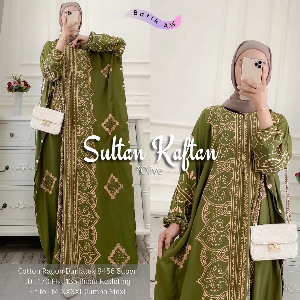 Batik AW - Sultan Kaftan Wanita Jumbo XXXXL Motif Batik Sultan Lengan Panjang Busui Resleting Gamis Rayon