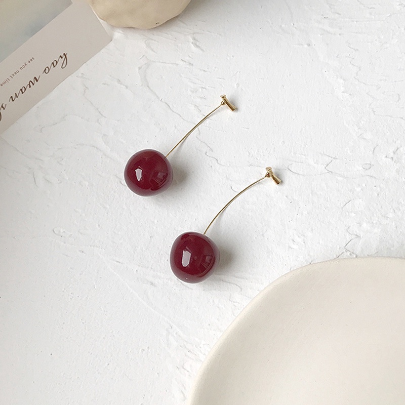 Anting Stud Panjang Desain Buah Cherry Bahan Resin Gaya Korea