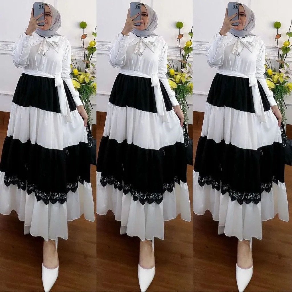 Gamis Terbaru Hitam Putih Asmirandah Maxi Dress Busana Muslim Gaun Pesta Muslimah Mewah Kekinian Lon