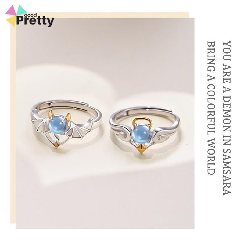 Perhiasan Cincin Pasangan Perak Biru Moonstone Malaikat Setan - PD