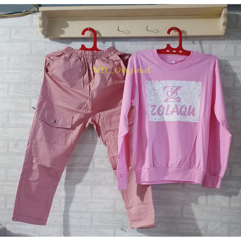 Setelan Wanita Mulimah Celana Cargo Numia Warna Merah Set Atasan Kaos Zolaqu Setelan Warna Pink