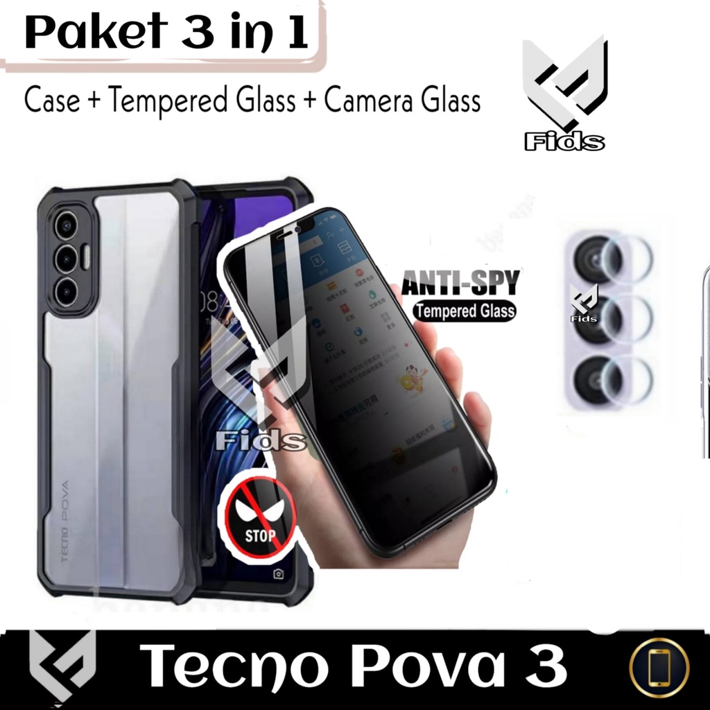 (PROMO PAKET) 3IN1 Case Tecno Pova 3 Pova 2 Soft Hard Fusion Shockprooft Free Tempered Glass Layar + Anti Gores Camera Belakang Handphone