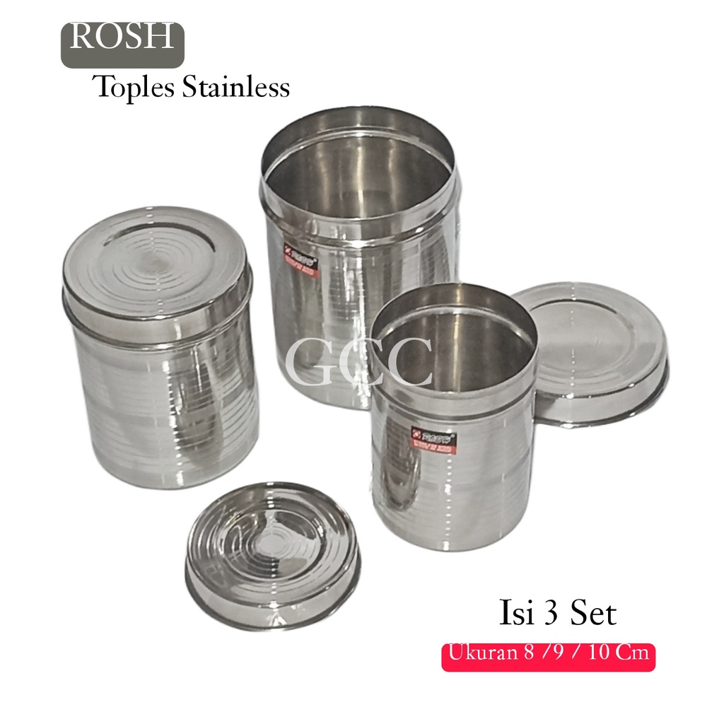 A1 Toples Tabung Stainless Set Rosh Isi 3 Set Tempat Penyimpanan Kue Kering Maupun Bumbu Dapur