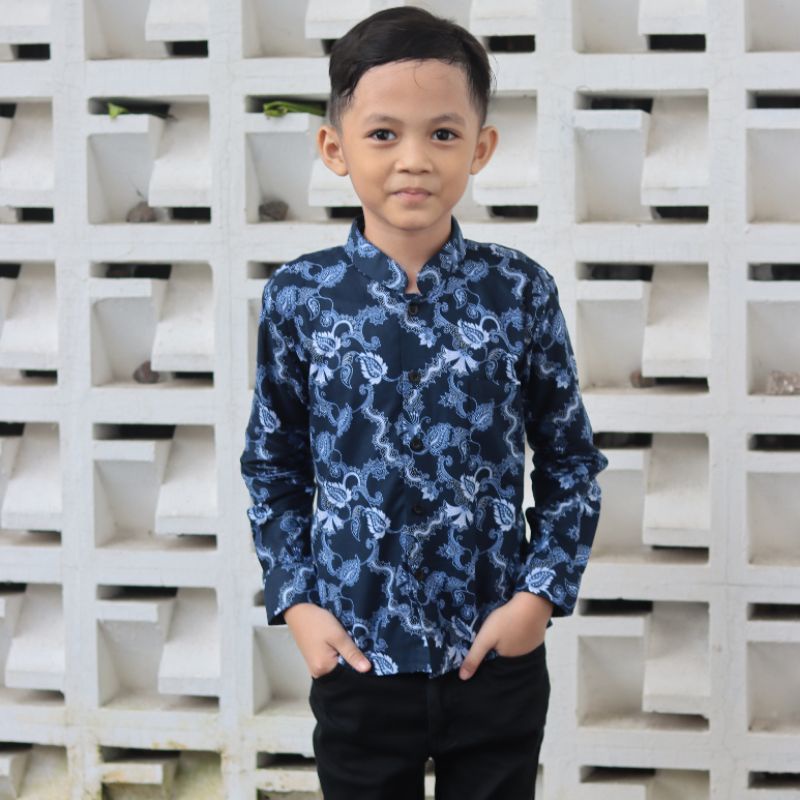 BatikBule Kemeja Batik Couple Ayah Anak Motif Casual warna Hitam &amp; Biru