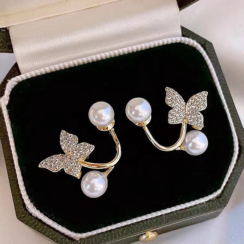 Anting Desain Kupu-Kupu Aksen Mutiara Dan Berlian Imitasi Gaya Korea