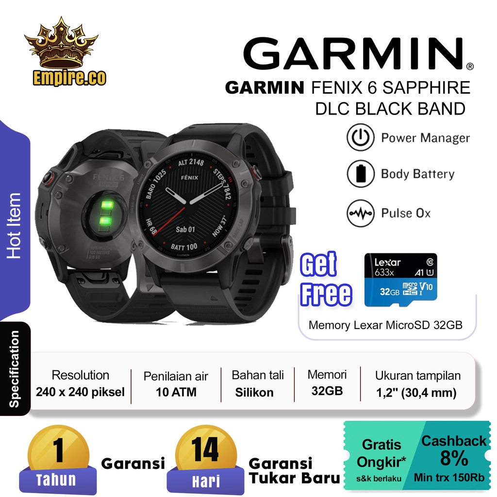 Garmin FENIX 6 Sapphire Carbon Gray DLC With Black Band Smartwatch