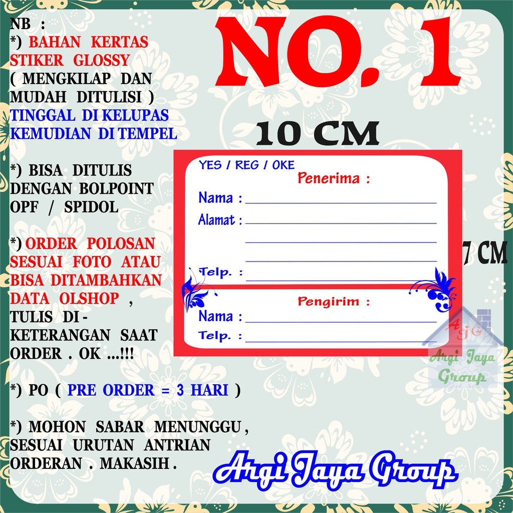 

Stiker Pengiriman - Sticker Alamat Olshop Murah Nomer 1 - 10x7 cm - Glossy