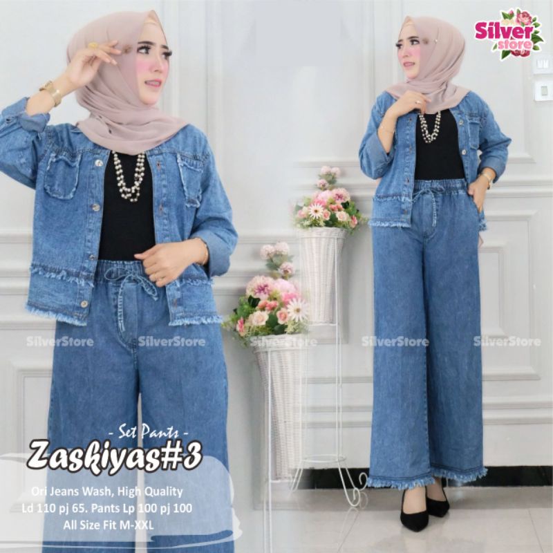 Zaskiyas#3 One Setelan Kulot Jaket Jeans Hitam Rawis Jumbo Ld 110 Fit XXL Busui By Silver