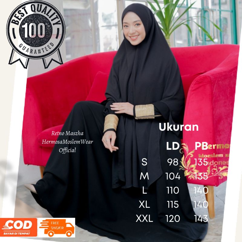 Gamis Original Branded by Hermosa  Jetblack Premium Hitam Polos  ukuran jumbo cocok untuk remaja dan