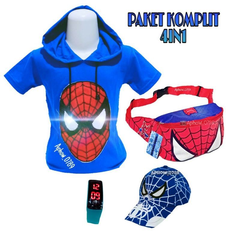 [BIG SALE]PAKET KOMPLIT SETELAN ANAK 4 IN 1 KAOS HOODIE_WAISTBAG_TOPI_JAM DIGITAL MOTIF SUPER HERO