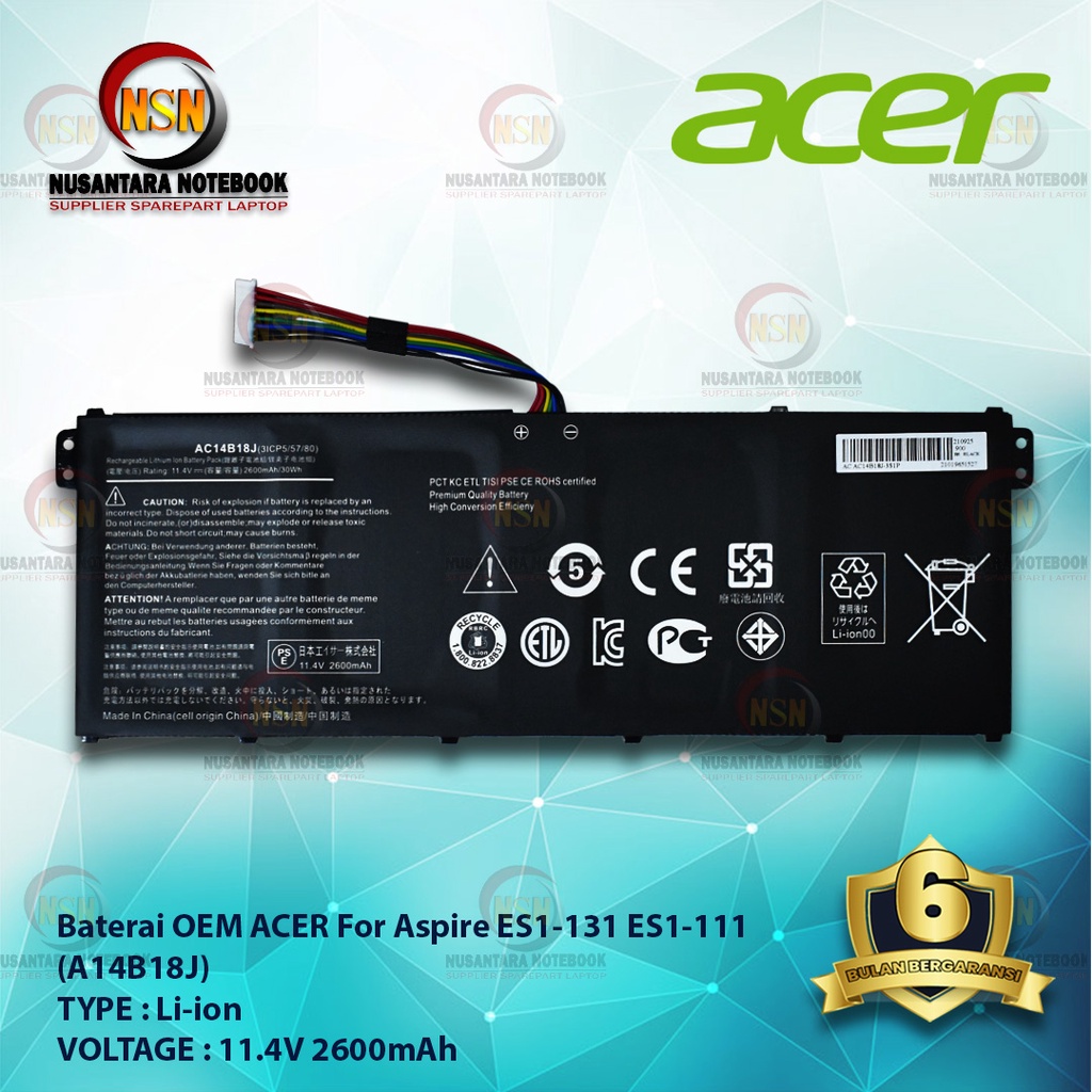 Baterai OEM For Laptop Acer Aspire ES1-131 ES1-111 AC14B18J