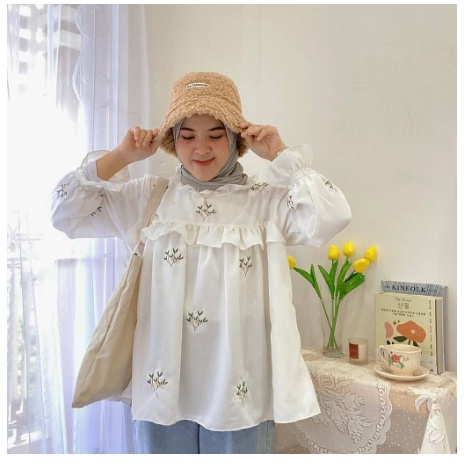 Odilia Ruffle Blouse Flower 5139 Polos Putih Aplikasi Bordir / Atasan Polos Wanita - RBJG