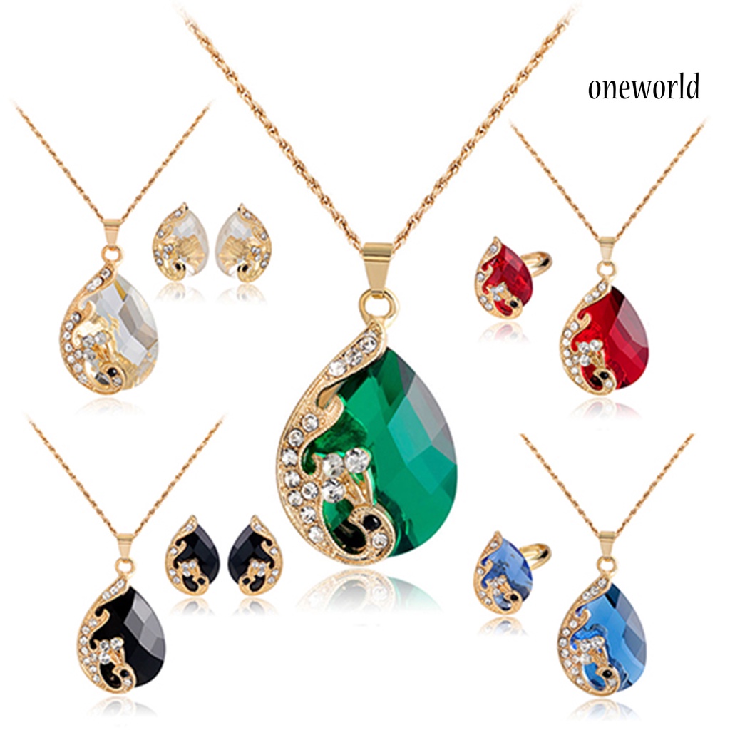 OW@ Jewelry Set Rhinestone Inlaid Temperament Alloy Exquisite Waterdrop Pendants Earrings Ring for Anniversary