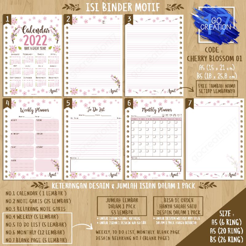 

Buku Planner isi Kertas Binder Motif Cherry Blossom 01 Premium A5 ring 20 dan A5 ring 6