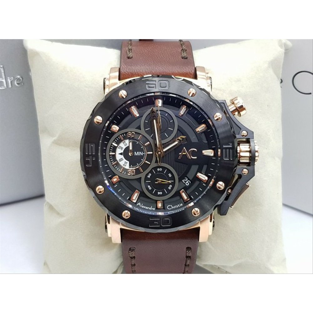 Jam Tangan Pria Sport Best seller ALEXANDRE CHRISTIE Original AC 9205 LEATHER ROSE GOLD - GARANSI RE