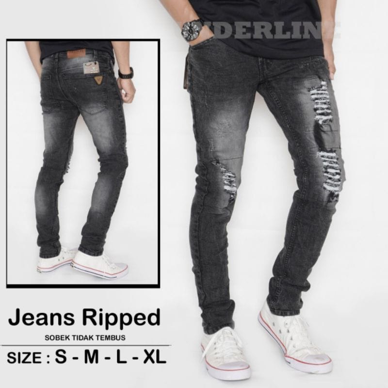 ORI Celana Jeans Pria Sobek Tidak Tembus - 3 RIPPED - S, M, L, & XL - Hitam Gelap - Celana Jeans