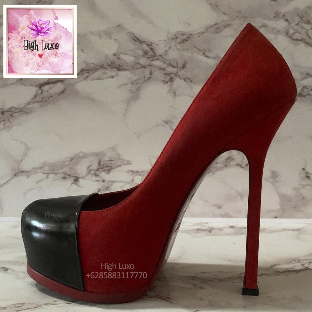 YVES SAINT LAURENT YSL Red Suede Tribtoo Pumps Size 36.5 Black Patent Leather High Heels Platforms K