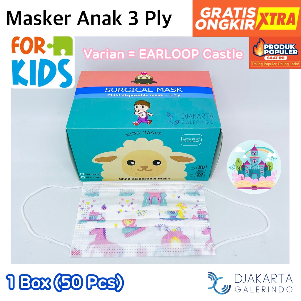 Masker Anak 3Ply Motif Headloop &amp; Earloop isi 50 Pcs