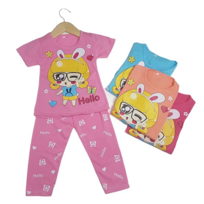 SETELAN BAJU ANAK PEREMPUAN NEW MOTIF GIRL HELLO 2-6 TAHUN