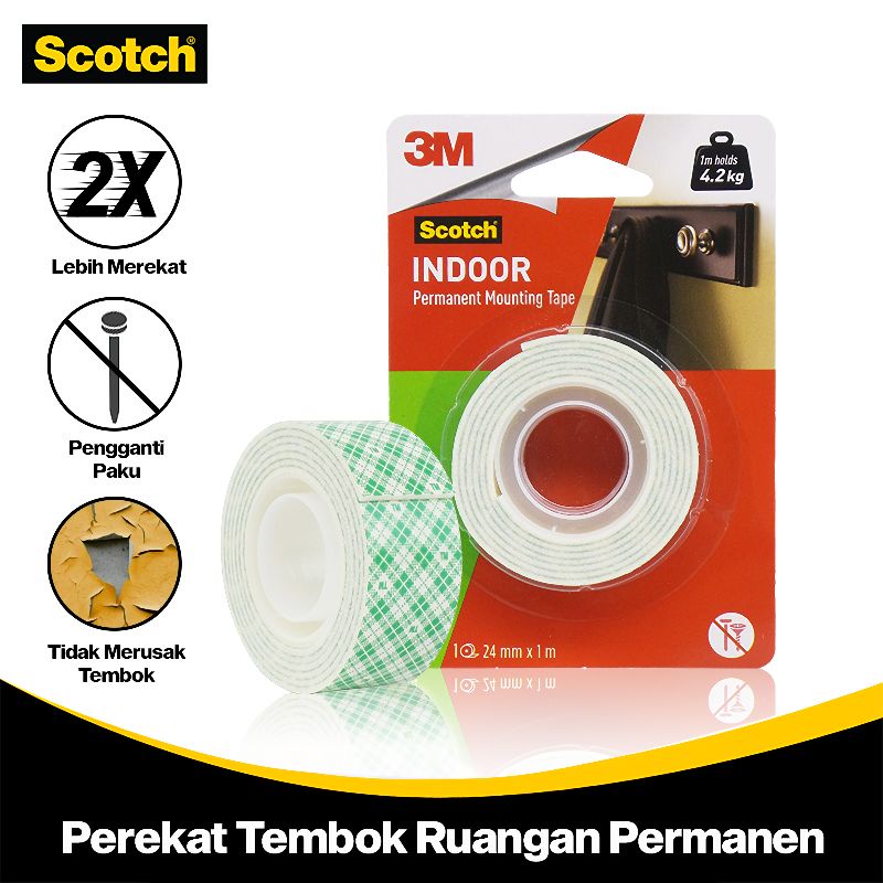 

3M Scotch Perekat 2 Sisi Double Tape 24 mm x 1 m Permanent Mounting Tape Indoor Tidak Merusak Tembok