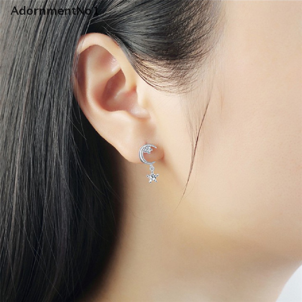 (AdornmentNo1) Anting Gantung Panjang Tusuk Lapis Silver Motif Bulan + Bintang + Kristal Untuk Perhiasan Wanita