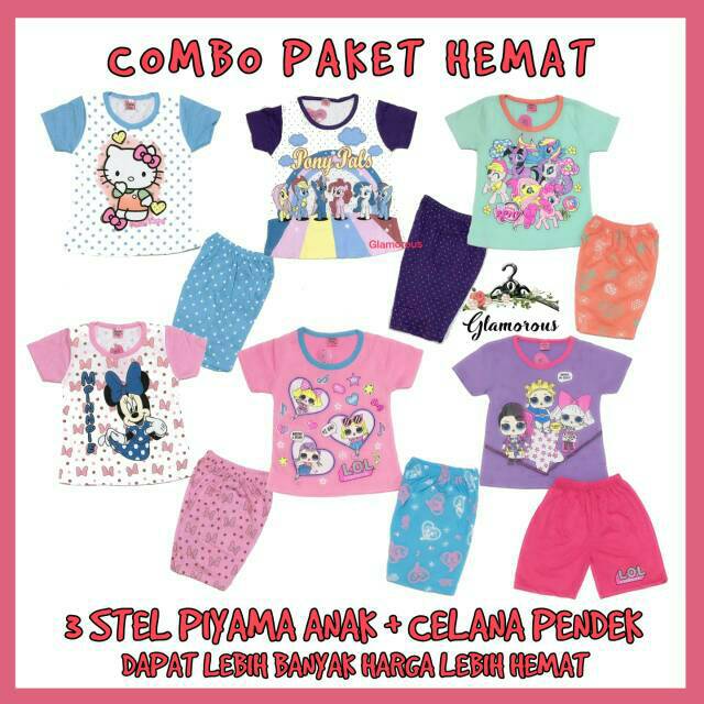 PAKET HEMAT 3 STEL Piyama Anak Perempuan PDK Umur 3 sampai 8 Tahun / Baju Tidur anak / Piyama Murah