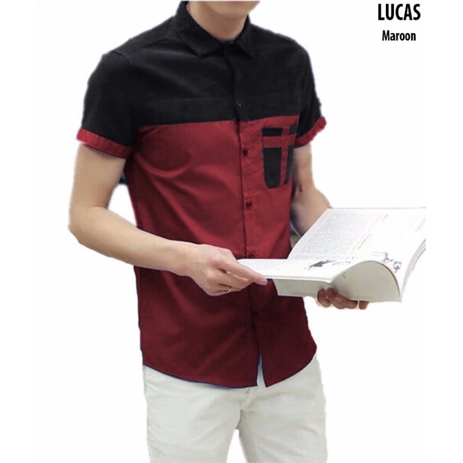 KEMEJA PRIA SLIMFIT HEM COWOK LENGAN PENDEK LUCAS FASHION CASUAL MOTIF