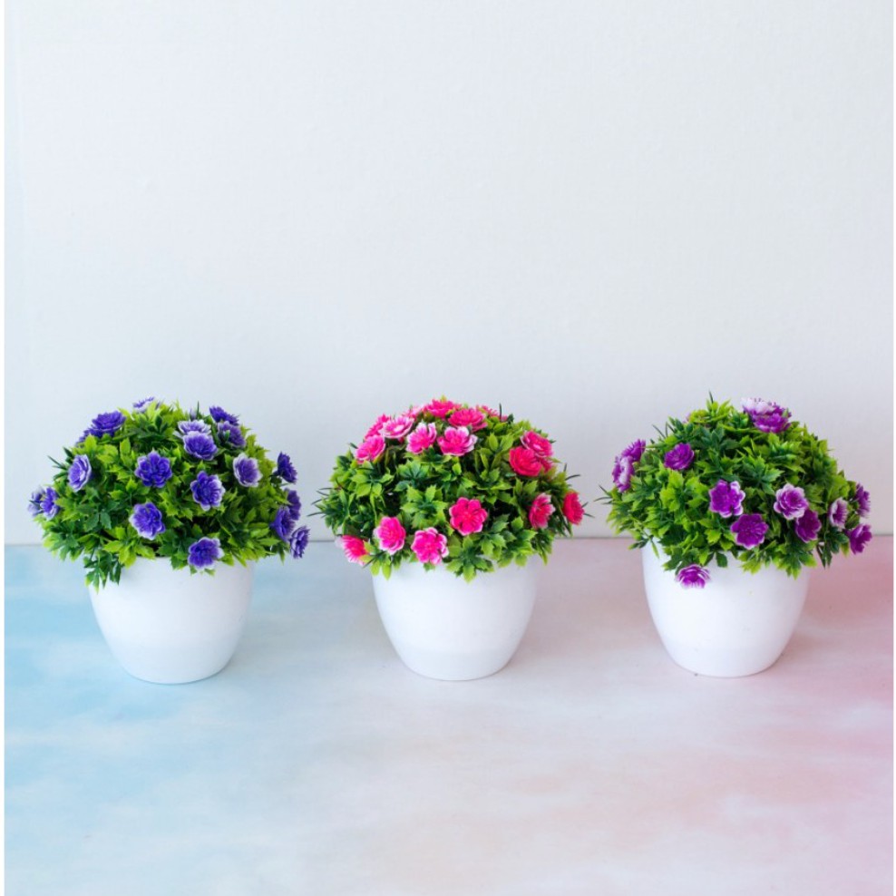 DuaWarna Tanaman Bunga Plastik Pot Bulat Artificial Flower Ornamen Hiasan Pohon Bunga Kamar DE064-2