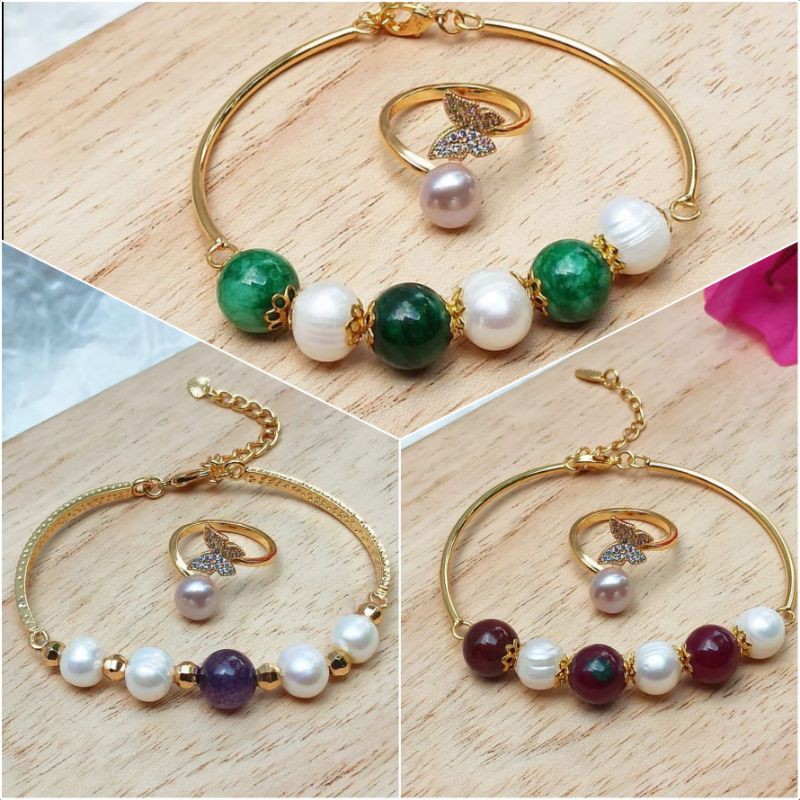 SET LAPIS EMAS MUTIARA ASLI LOMBOK|GELANG MUTIARA AIR TAWAR MIX BATU GIOK|SET MUTIARA LOMBOK|BOXKADO