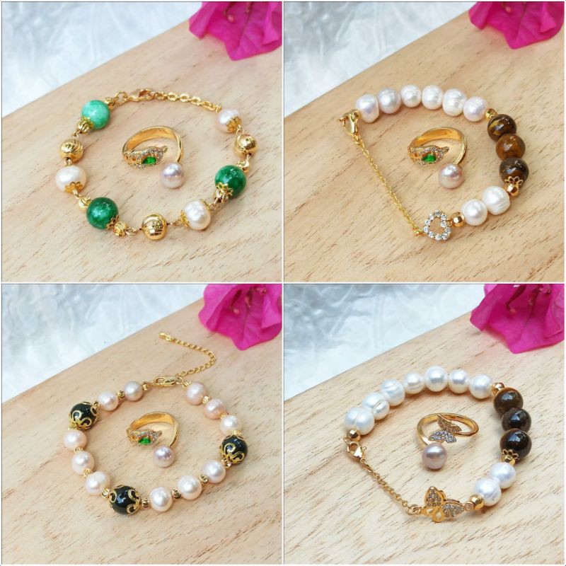 GELANG CINCIN MUTIARA ASLI LOMBOK|GELANG MUTIARA KOMBINASI BATU GIOK|PERHIASAN LAPIS EMAS|KADO|BOX