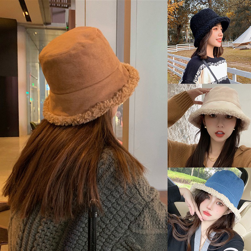 Topi Nelayan Bahan Bulu Domba Tebal Hangat Gaya Retro Untuk Wanita