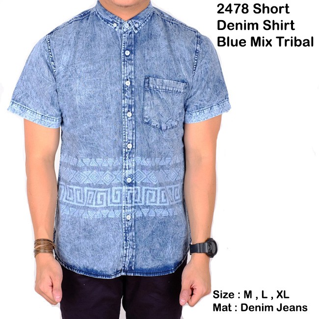 baju denim mix tribal/kemeja lengan pendek denim/baju cowok denim