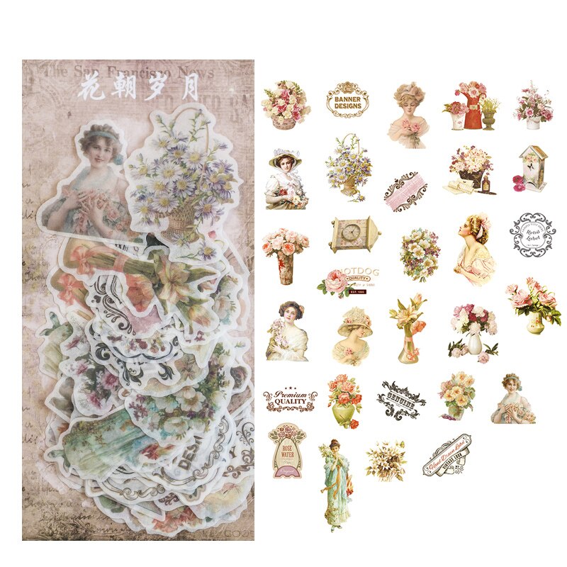 Journamm 60pcs Vintage Plant Stickers Deco Journaling Stationery Washi Paper Retro Material Flowers Leaves Plants Deco Stickers-J