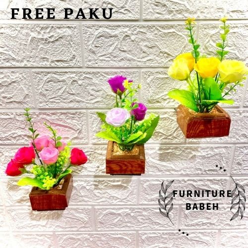 Furniture hiasan rangkaian bunga mawar warna warni bunga plastik artifisial dengan pot goni pot tempel dinding yg lucu dan unik , hiasan serbaguna