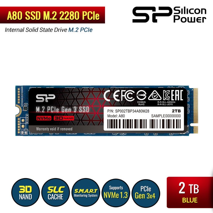 Silicon Power P34A80 2TB PCIe Gen3x4 M.2 NVMe 1.3 Read Upto 3400Mbps