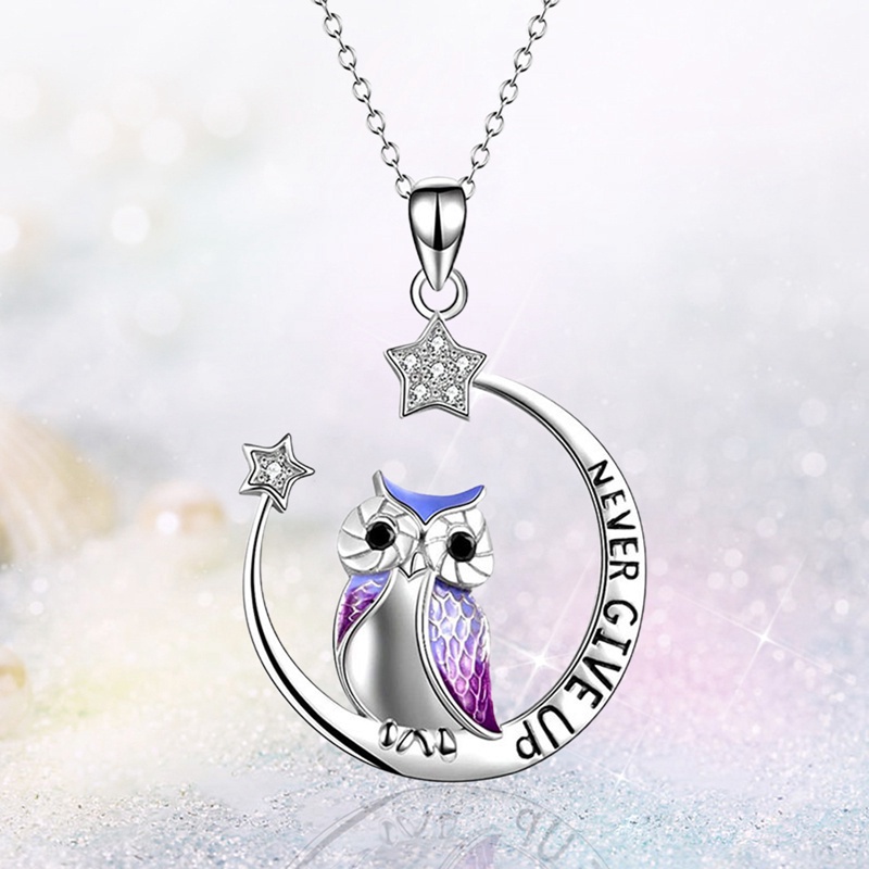 Fancyqube Kalung Sterling Silver 925 Dengan Liontin Bulan Bintang Burung Hantu Aksen Kristal Biru Untuk Wanita