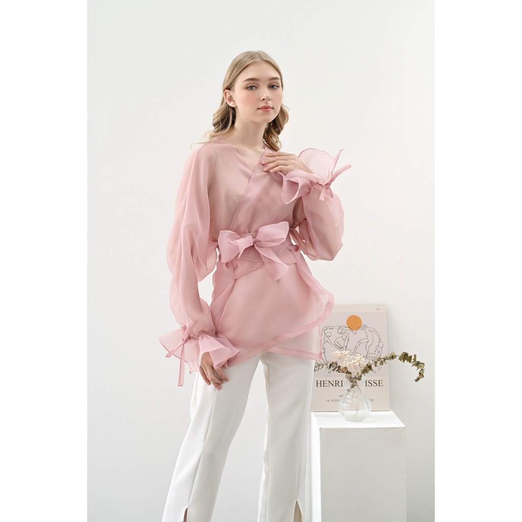 Aura Label - Rosie Bow Pink Organza Top - MOST WANTED blouse wanita organza pink pita puff