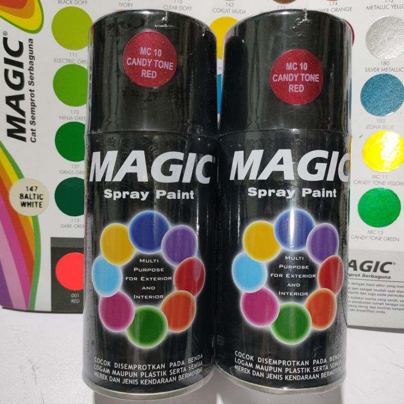 MAGIC Spray Paint Cat Semprot Serbaguna 300cc Ready Berbagai Varian Warna Candy Tone Red Blue Green Yellow Merah Kuning Biru Hijau Clear Epoxy Silver Putih Cat Pilox Pilok Magic cocok Untuk Benda Logam/Plastik