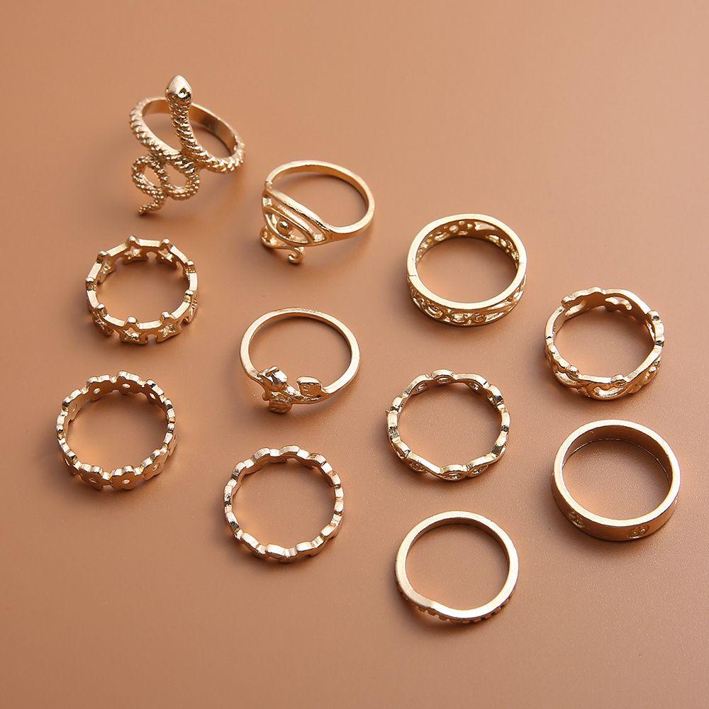 Top 11Pcs /Set Cincin Berbentuk Ular Paduan Baru Emas Ukir Bunga Wanita Gadis Perhiasan