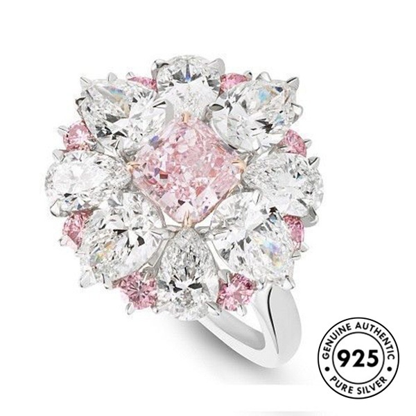 Cincin Silver S925 Bentuk Bunga Hias Kristal Berlian Kotak Warna Pink Untuk Wanita