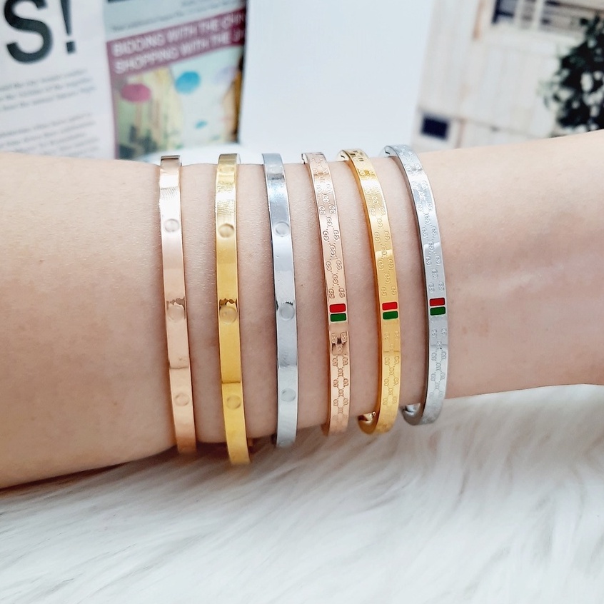 Gelang Bangle Titanium Silver Gold Polos Paku Keroncong Mata Putih - BB388