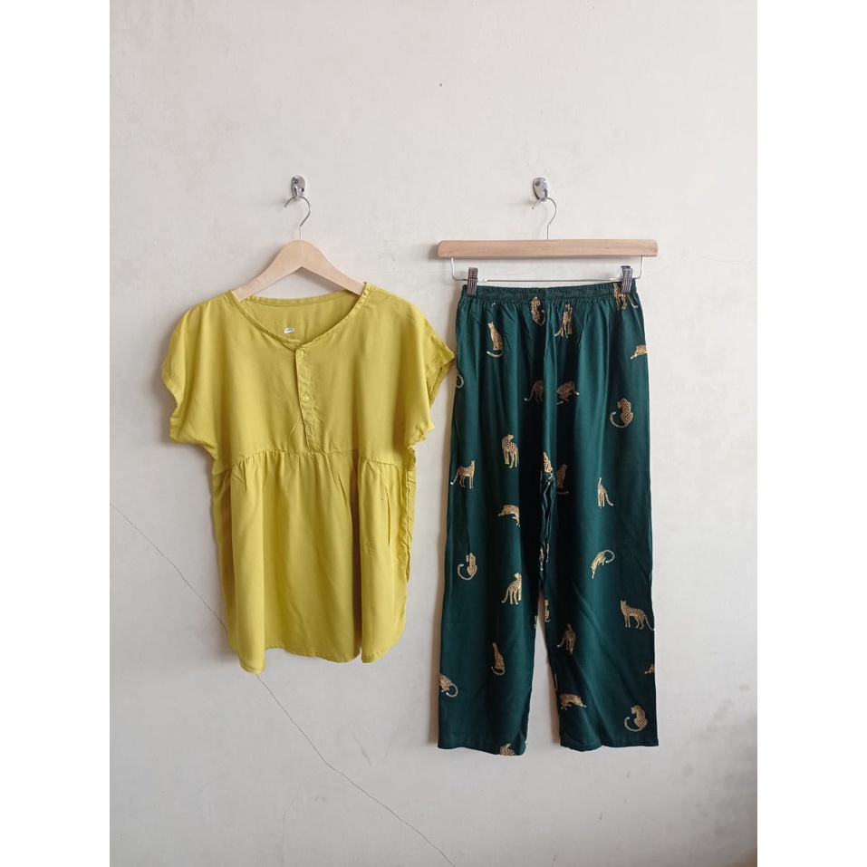 SETELAN BAJU TIDUR PIYAMA WANITA ONE SET PAJAMAS RUFFLE KANCING BUSUI CELANA PANJANG-BBR 29