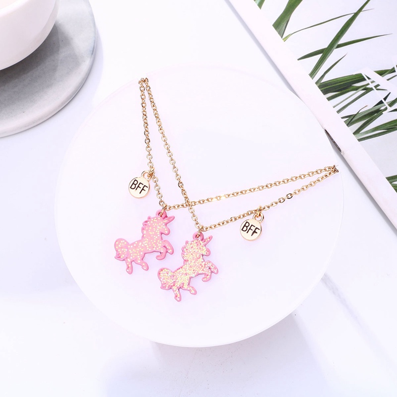 2pcs / Set Kalung Rantai Dengan Liontin Unicorn Hati Warna-Warni Untuk Hadiah Persahabatan