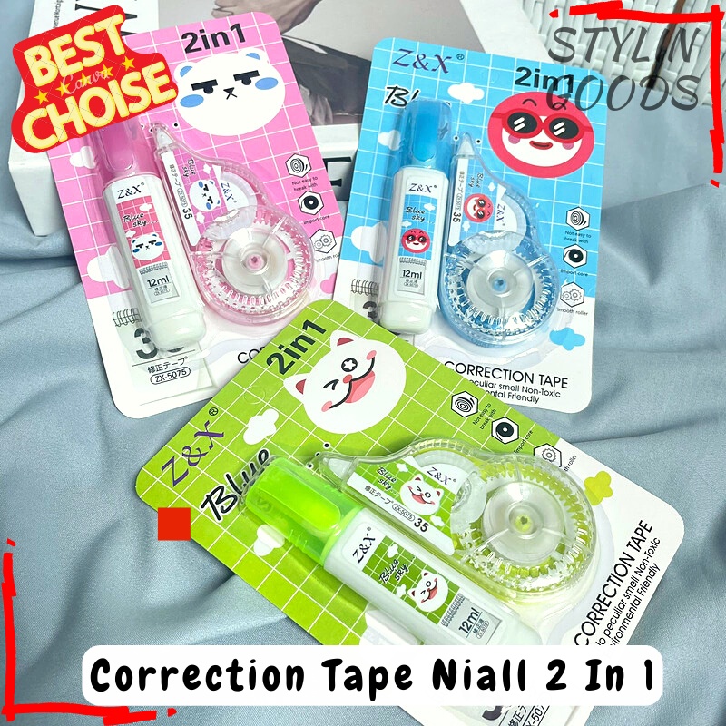 TIPE X SET CAIR KERTAS WARNA PASTEL CORRECTION TAPE 2 IN 1 TIP EX NIALL