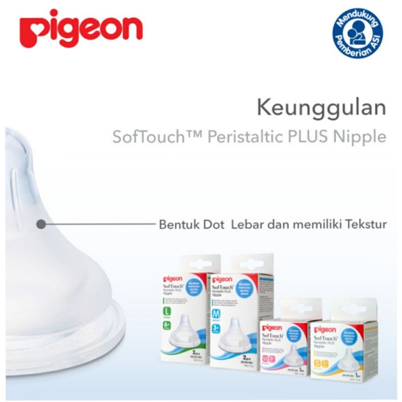 Box Isi 2 - ORIGINAL Dot Pigeon wide neck peristaltic plus wideneck Nipple Pigeon Softtouch Box isi 2 / Nipple Pigeon Size SS Size S size M Size L Wide neck Peristaltic Plus Size L 6 bulan keatas