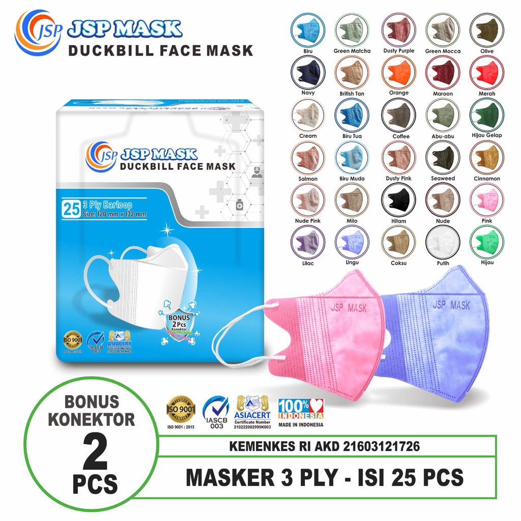 (BISA COD) ISI 25 PC Masker Medis Duckbill sudah kemenkes / Masker Duckbill  JSP Isi 25 FREE 2 Konektor SM10 / JSP MASK