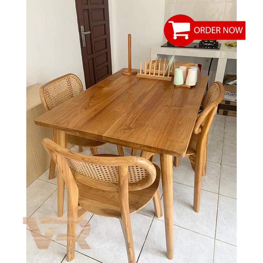 MEJA MAKAN KURSI MIX ROTAN KAYU JATI ASLI JEPARA